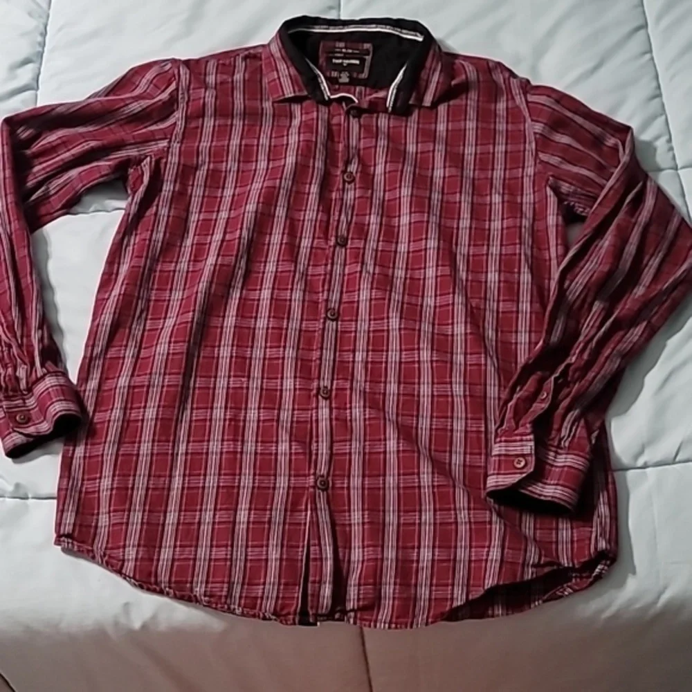 TRUE RELIGION‎ Maroon/White/Black Plaid LS Button-Down Slim Fit Shirt Men's XL